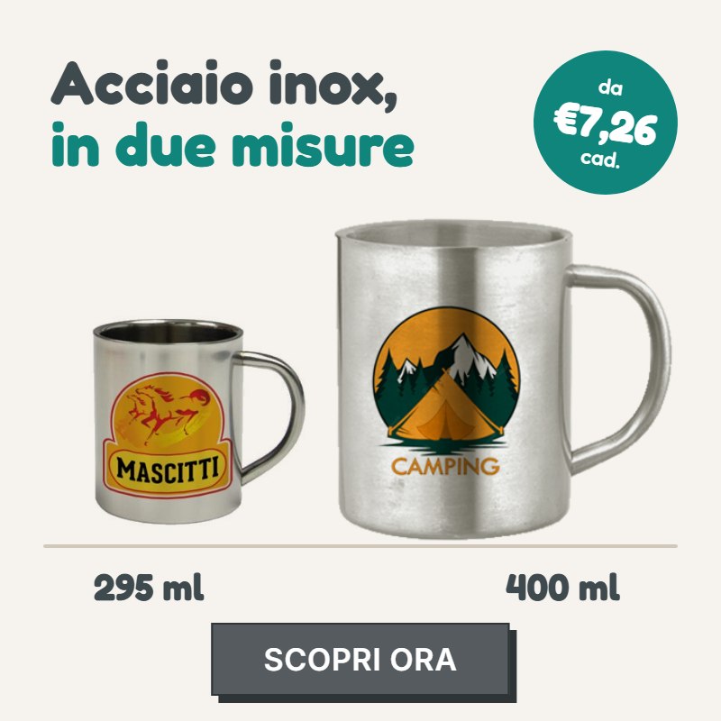 Tazze in acciaio inox personalizzate in due misure: 295 ml e 400 ml